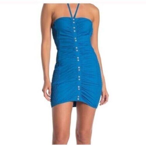 Free People L Bali Babe Royal Blue Bodycon Gather Cotton Halter Y2K Dress - Picture 1 of 10